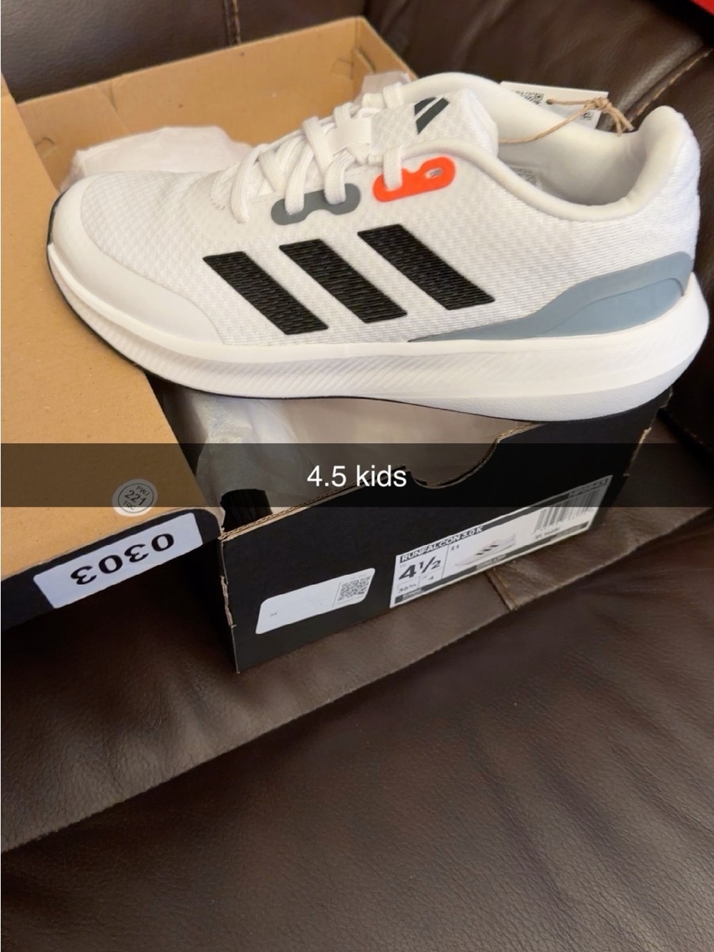 adidas Kids White Mesh Sneakers with Black Stripes and Orange Eyelet